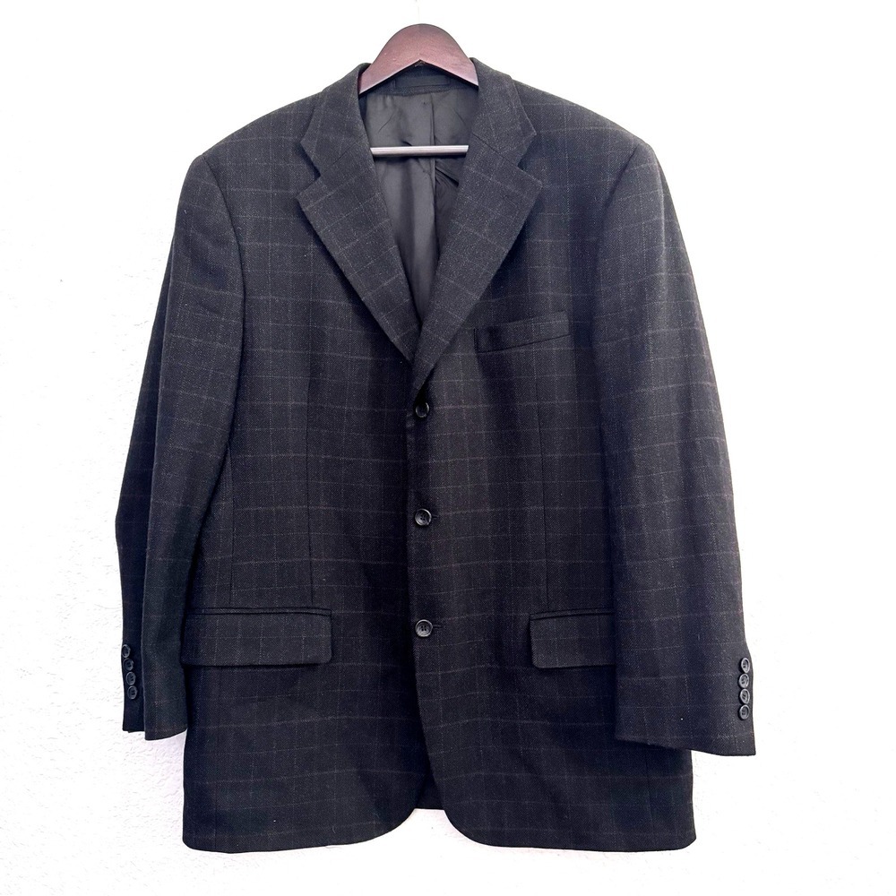 Harold Powell Windowpane Deep Dark Brown Blazer Men's Size 43L 100% Lambswool